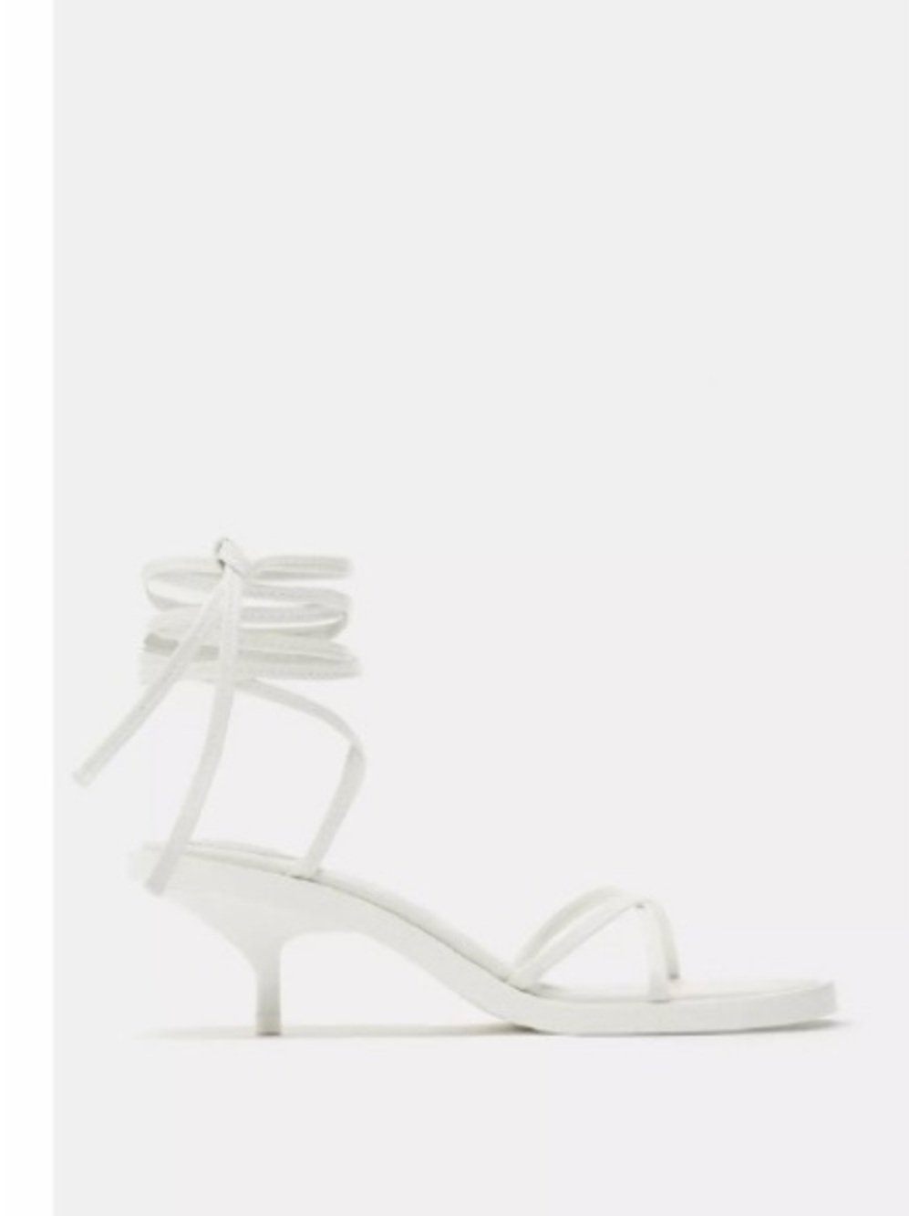 Zara White Strappy Ankle-Tie Kitten Heel Sandals.